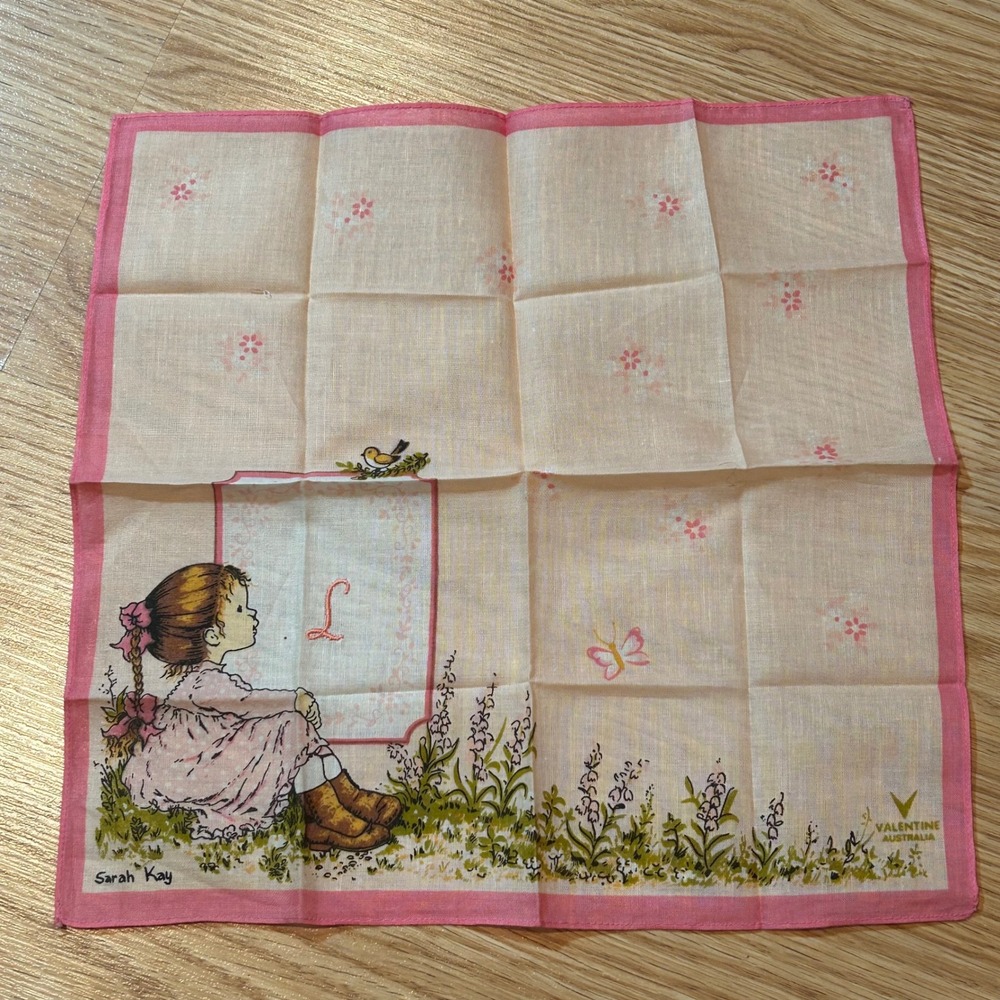 Vintage Sarah Kay Valentine Australia Handkerchief Pink Floral Girl Illustration
